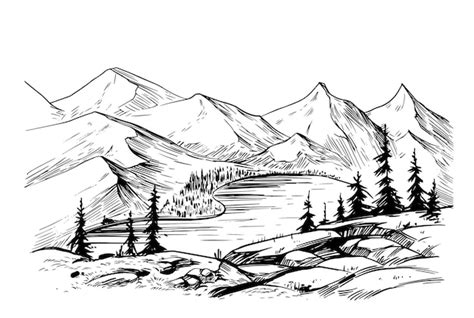 Premium Vector Vector Landscape With Mountains Lake Trees Hand