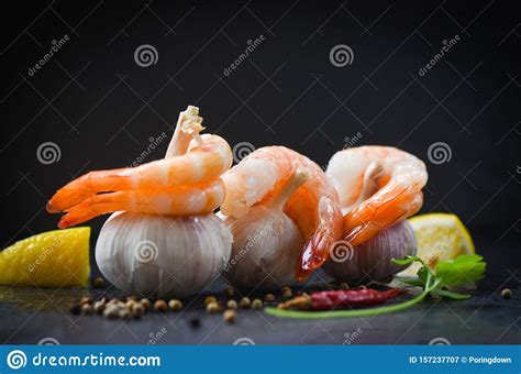 Fresh Shrimps On Garlic Served On Plate Seafood Boiled Peeled Shrimp