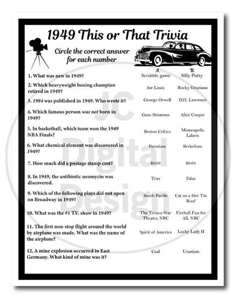 1949 Trivia Birthday Games Born In 1949 Printable Birthday Etsy