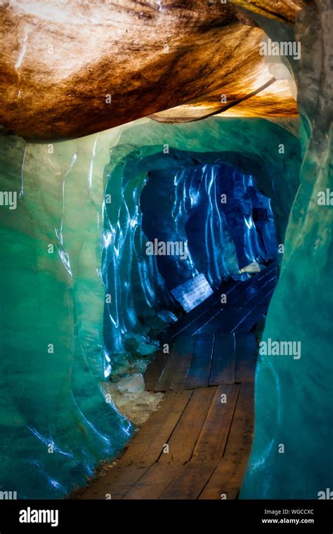 Blue Ice Inside A Cave Under Melting Rhone Glacier Switzerland Stock