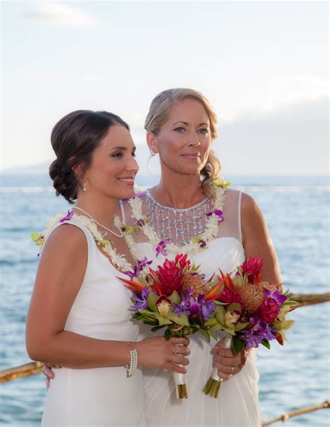 Outside Lesbian Beach Wedding Flowers Tropical Ocean