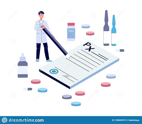 Cartoon Doctor Signing Giant Prescription Form Document with Big Pen