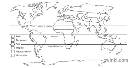 World Climate Zones Blank Map Geography Ks3 Ks4 Bw Rgb Illustration