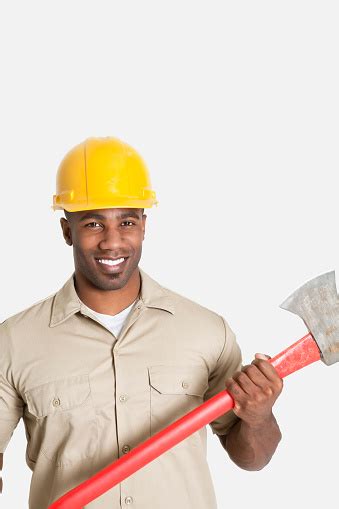 Portrait Of Cheerful Young African American Construction Worker Stock