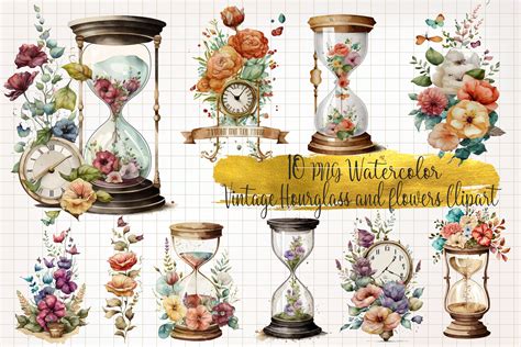 Vintage Hourglass And Flowers Watercolor Graphic By Watercolorarch