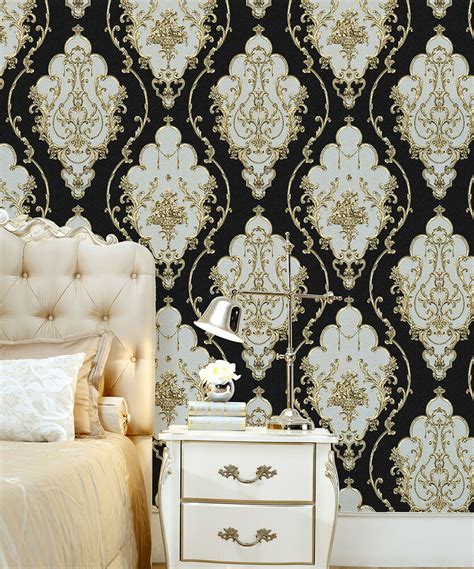 Luxury Heavy Texture Victorian Damask Wallpaper Blackgold