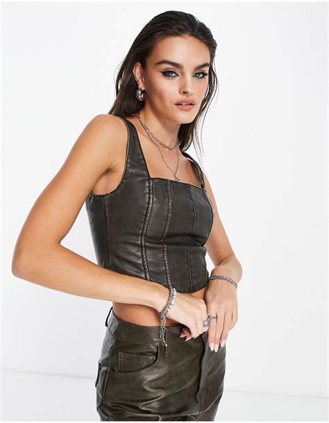 Bershka Washed Out Faux Leather Corset Crop Top In Black Lyst