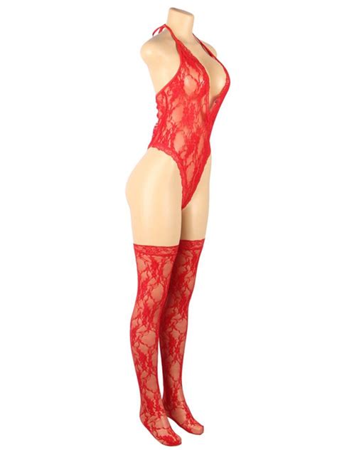 Plus Size Deep V Lace Halter Bodysuit And Stockings Two Piece Set 210605388
