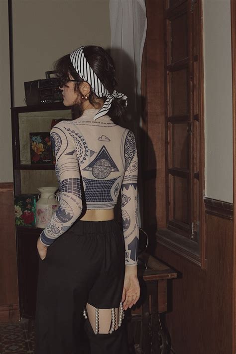 Vanessas Tattoo Print Long Sleeve Crop Top Turtle Neck See Through T