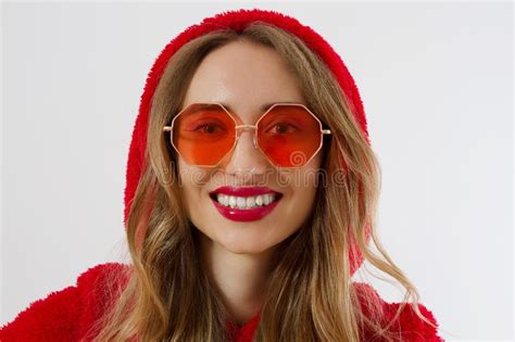 Closeup Woman Face In Red Sunglasses Isolated On White Background Girl