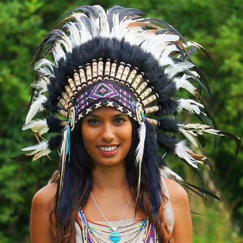 Black And White Mixed Feathers Native American Headdress 75cm