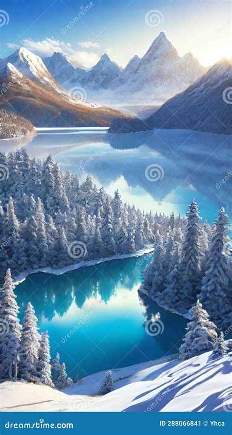 Crystal Clear Lake Surrounded By Towering Snowy Peaks Stock