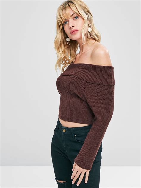 Knit Off The Shoulder Pullover Sweater Deep Brown Spon Pullover