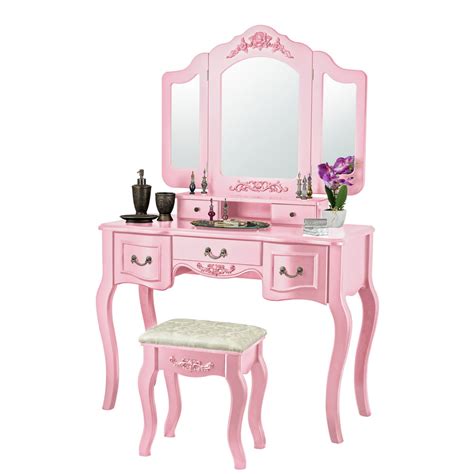 Fineboard Beauty Station Makeup Table And Wooden Stool Set With Mirrors