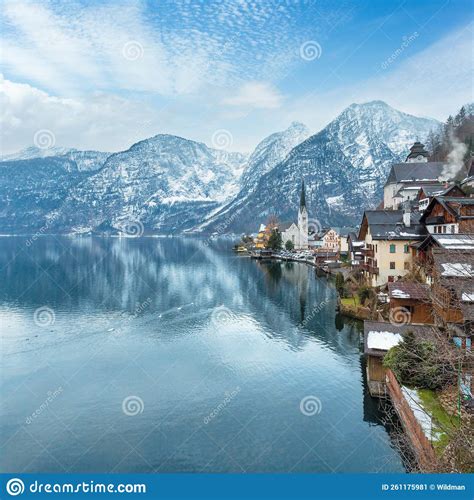 Winter Alpine Hallstatt Town And Lake Hallstatter See View Austria