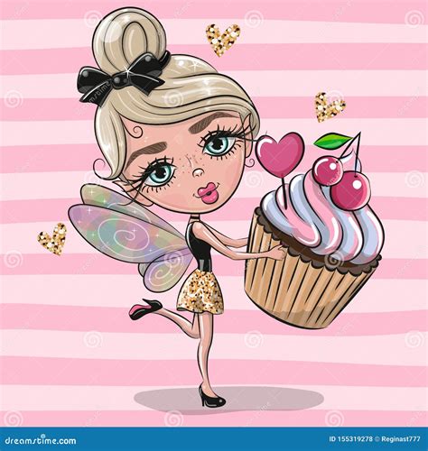 Cartoon Fairy Girl With Cupcake On A Pink Background Stock Vector