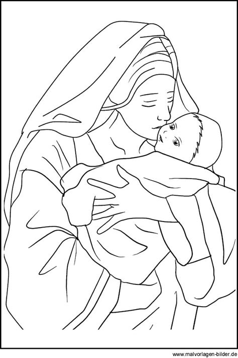 Maria und das Jesuskind - Weihnachtsbild und Malvorlage zum Ausdrucken