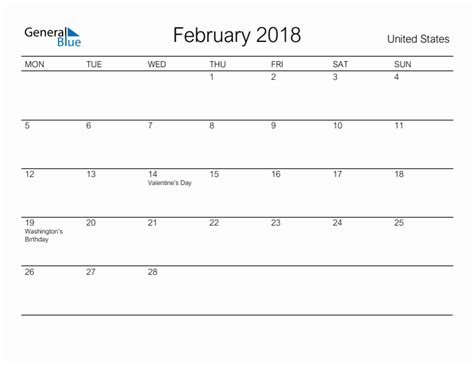 Printable February 2018 Monthly Calendar With Holidays For United States