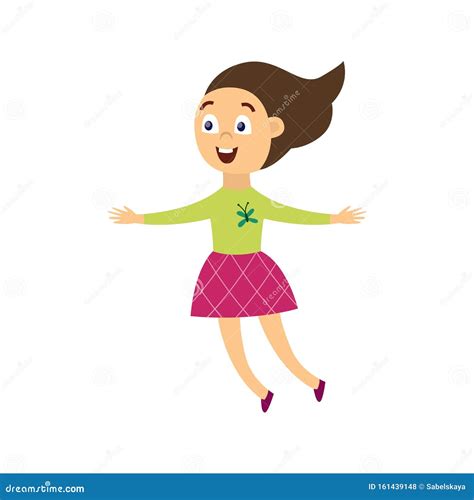 Happy Cheerful Girl Character Jumping For Joy Flat Vector Illustration