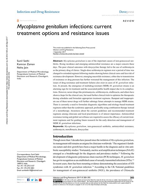 Pdf Mycoplasma Genitalium Infections Current Treatment Options And