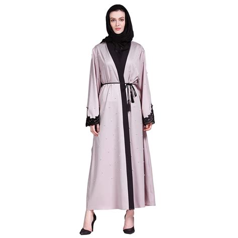 Pink Cardigan Muslim Women Lace Abaya Islamic Clothes Turkey Dress Hand