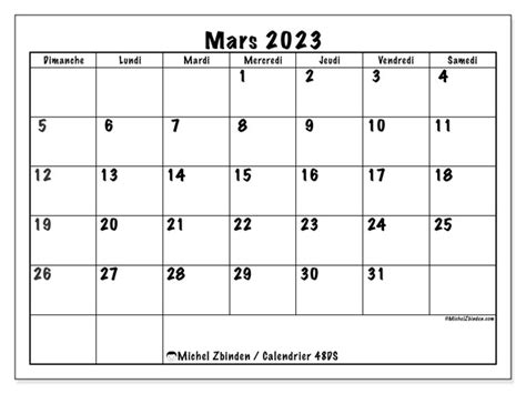Calendrier Mars 2023 à Imprimer “48ds” Michel Zbinden Ca