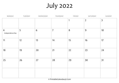 2022 Editable Calendar July 4 2022 Calendar With Us Holidays Images