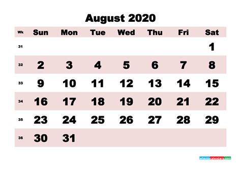 Printable Monthly Calendar 2020 August With Week Numbers