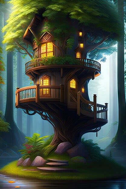 Premium Ai Image Tree House In An Enchanted Forest Fantasy Stronghold