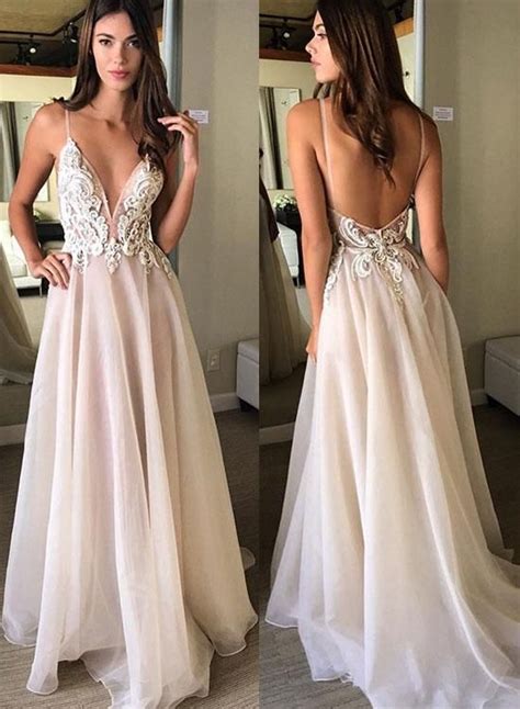 Champagne V Neck Lace Long Prom Dress Champagne Evening Dress