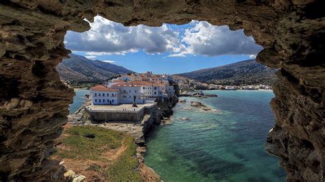 View From A Ruin On Town Of Chora In Andros Island Cyclades Greece