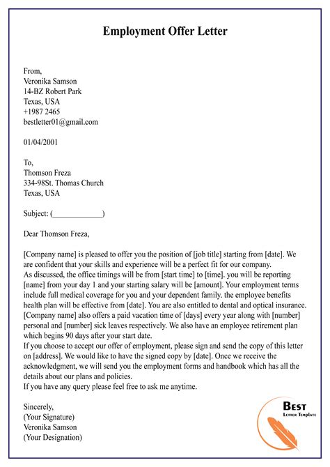 Printable Sample Offer Letter Template Form Proposal Letter Letter