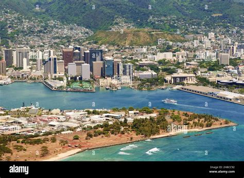 Aerial View Of Downtown Financial District Usa Hawaii Honolulu