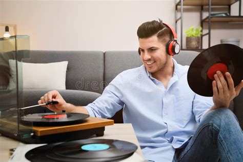 Happy Man Listening To Music With Turntable Stock Image Image Of Disk