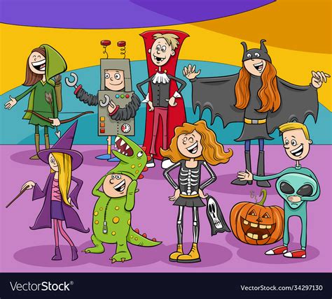 Cartoon Characters Group At Halloween Party Vector Image