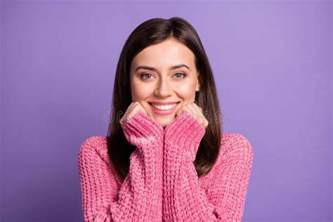 photo portrait of cute nice brunette girl wearing pink outfit smiling isolated on bright violet
