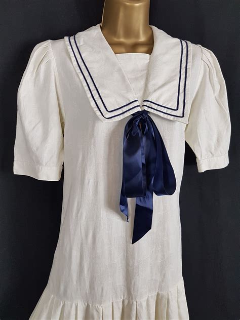 vintage laura ashley size uk 10 sailor dress cream and navy etsy uk sailor style dress