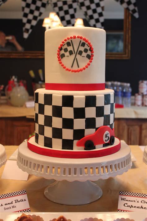 Race Car And Checkered Flag Cake For A Race Car Fifth Birthday Party