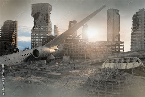 View Of The Destroyed Post Apocalyptic City 3d Render Stock Photo
