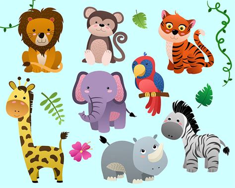 Cute Jungle Animals Clip Art Set Of 14 Png  And Vector Etsy