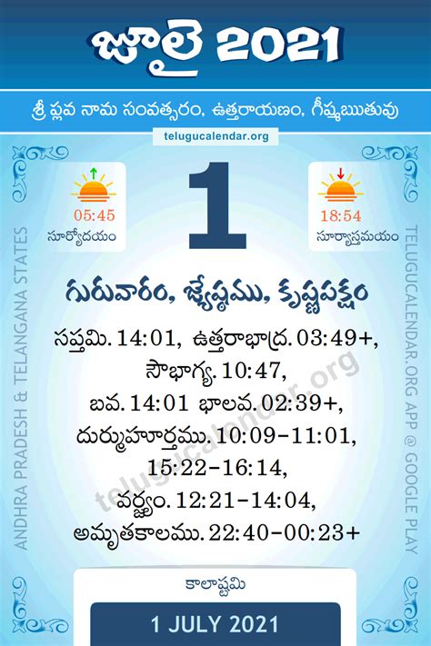 1 July 2021 Panchangam Calendar Daily in Telugu