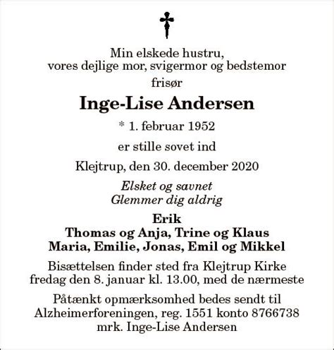 Dødsannonce For Inge Lise Andersen Nordjyskedk