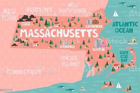 Illustrated Map Of The State Of Massachusetts In United States Stock