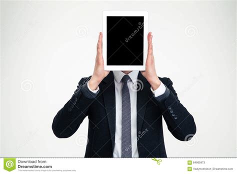 Businessman Holding Blank Screen Tablet In Front Of His Head Stock