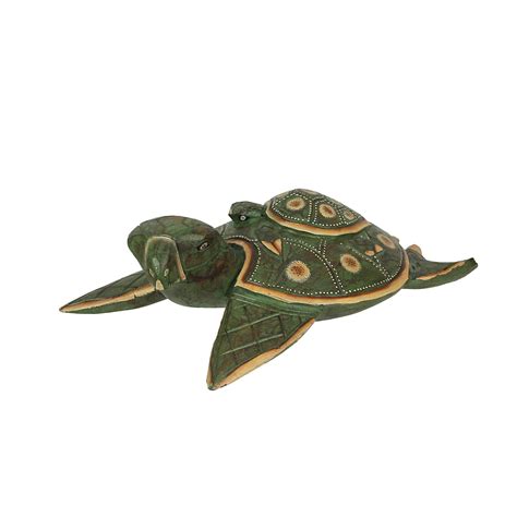 Green Finish Mother And Baby Turtle Hand Carved Wood Sculpture Home