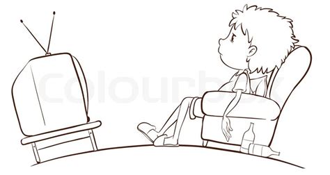 Illustration Of A Plain Sketch Of A Boy Watching Tv On A White