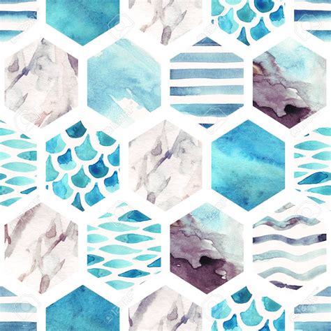 Abstract Textured Hexagon Shapes Seamless Pattern Marble Watercolor