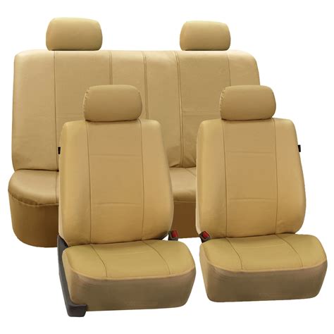 fh group beige deluxe faux leather airbag compatible and split bench car seat covers 4 headrest