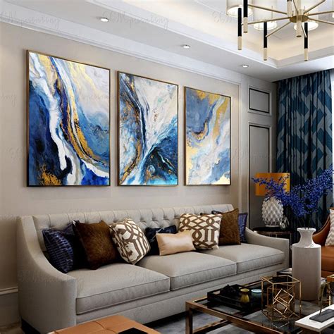 3 Panels Framed Abstract Painting Blue Acrylic Canvas Wall Art Picture
