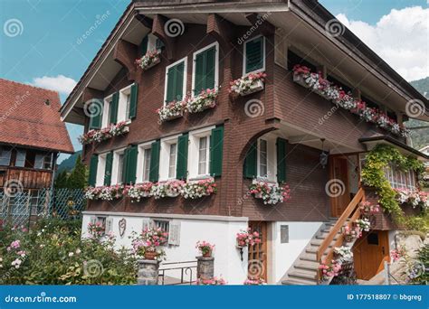Beautiful Traditional Wooden House In The Alpine Village Switzerland